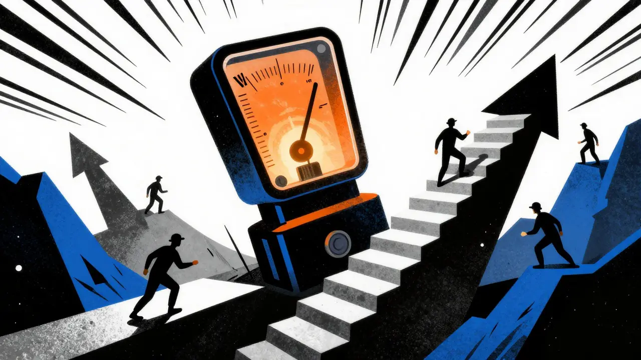 Miners struggling up stairs against rising electricity cost gauges
