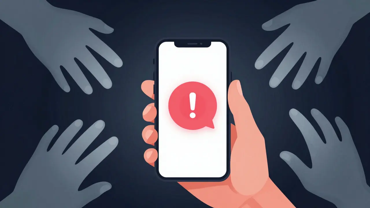 Person holding phone with warning icon, surrounded by shadowy scam hands