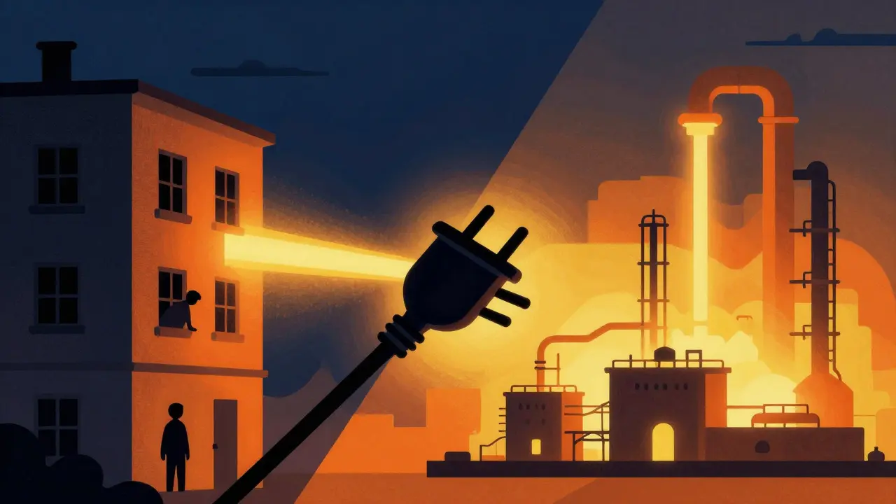 Poster-style art showing energy stolen from homes for mining