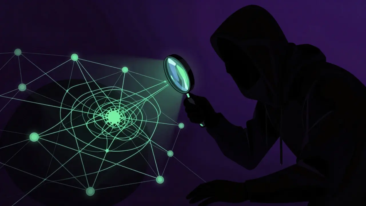 Shadowy figure inspecting tangled data webs under magnifying glass