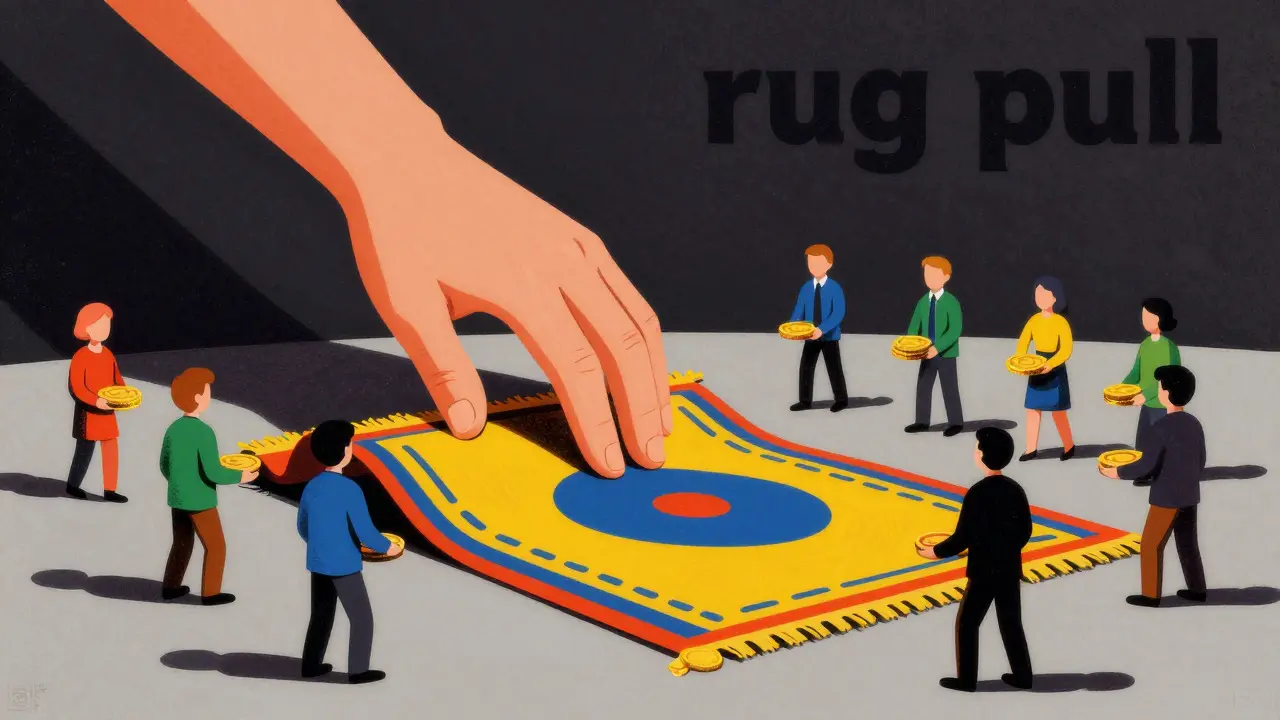 Shadowy hand pulling a rug from under investors, symbolizing crypto risk.