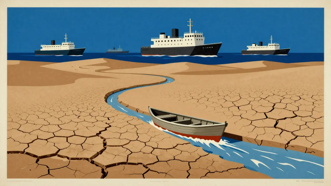 Small boat in a dry desert contrasting with distant ships