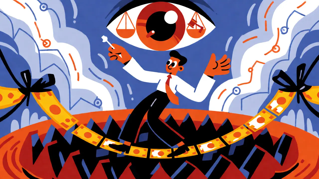 Stylized banker balancing on money tightrope under regulatory eye