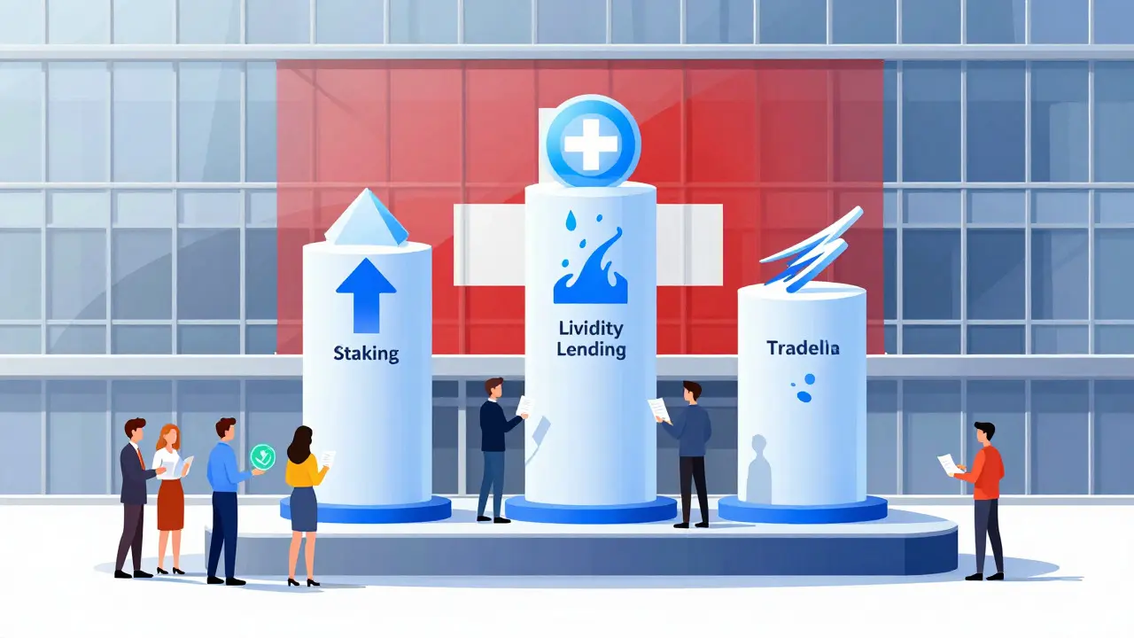 Stylized depiction of a banking structure supporting staking, lending, and trading