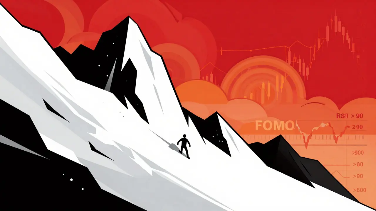 Stylized figure slipping down a volatile price chart in red and black tones.