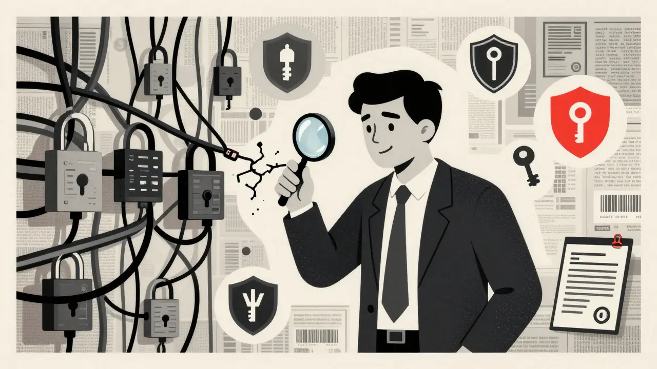 Stylized illustration of an investigator examining broken digital links and security symbols