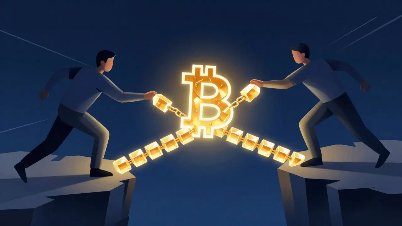 Stylized illustration of two figures connecting via a glowing block chain, representing the first Bitcoin transaction.