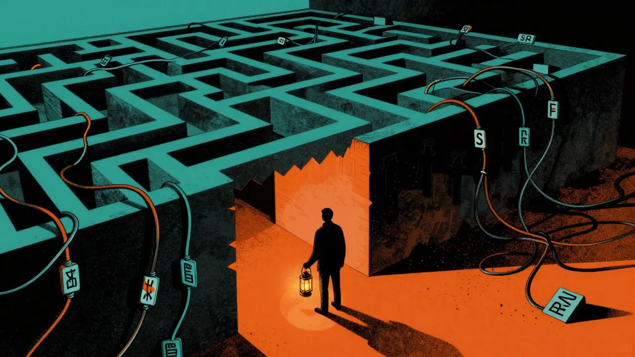 Stylized image of a person navigating a complex maze of wires, representing crypto compliance risks.