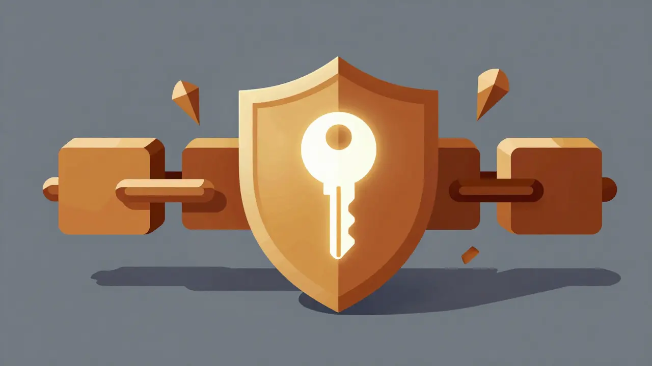 Stylized shield protecting a key surrounded by blockchain blocks