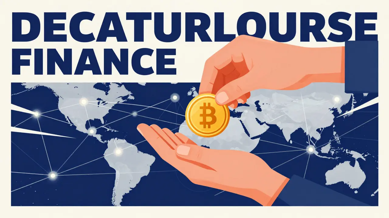 Symbolic illustration of decentralized finance with tokens flowing through a network.