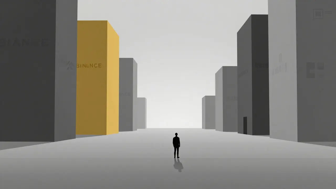 Tiny user in empty digital landscape vs giant exchanges, illustration