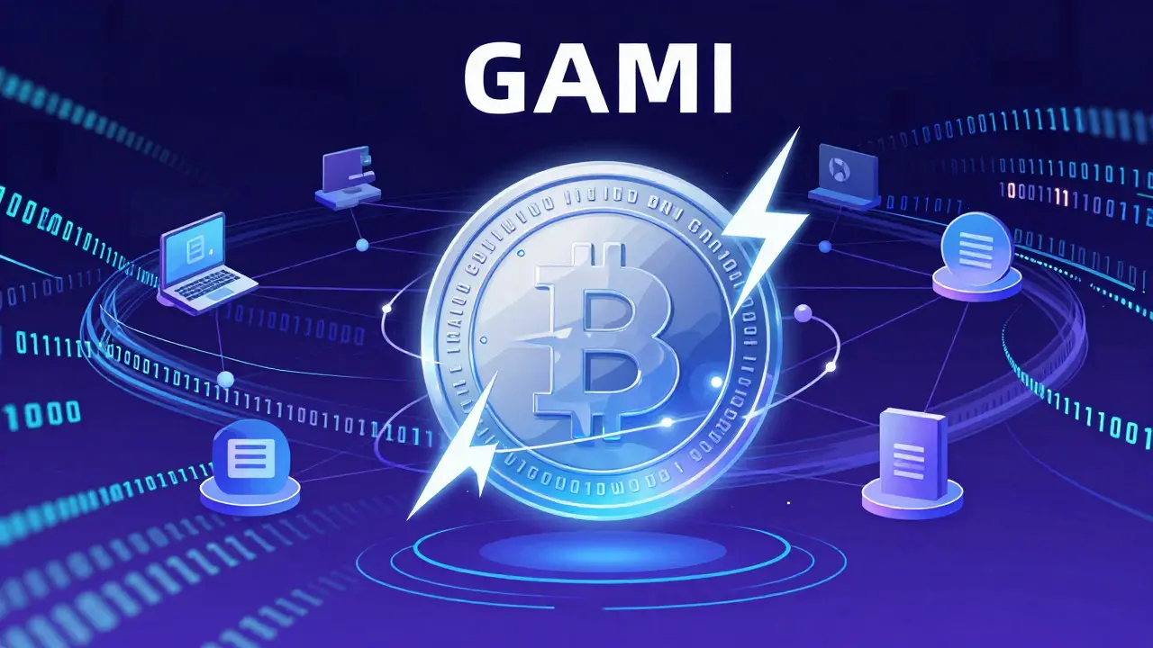 Translucent crypto coin surrounded by data streams and network nodes