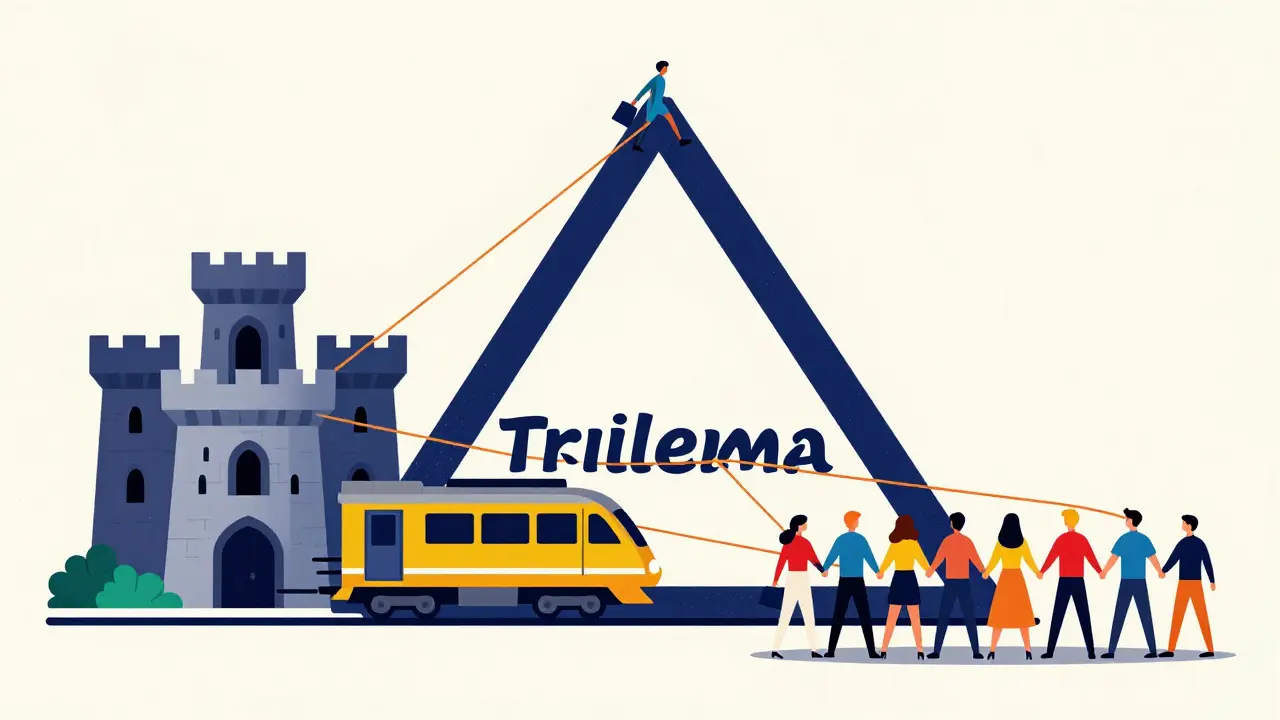 Triangle diagram showing trade-offs between security, speed, and decentralization