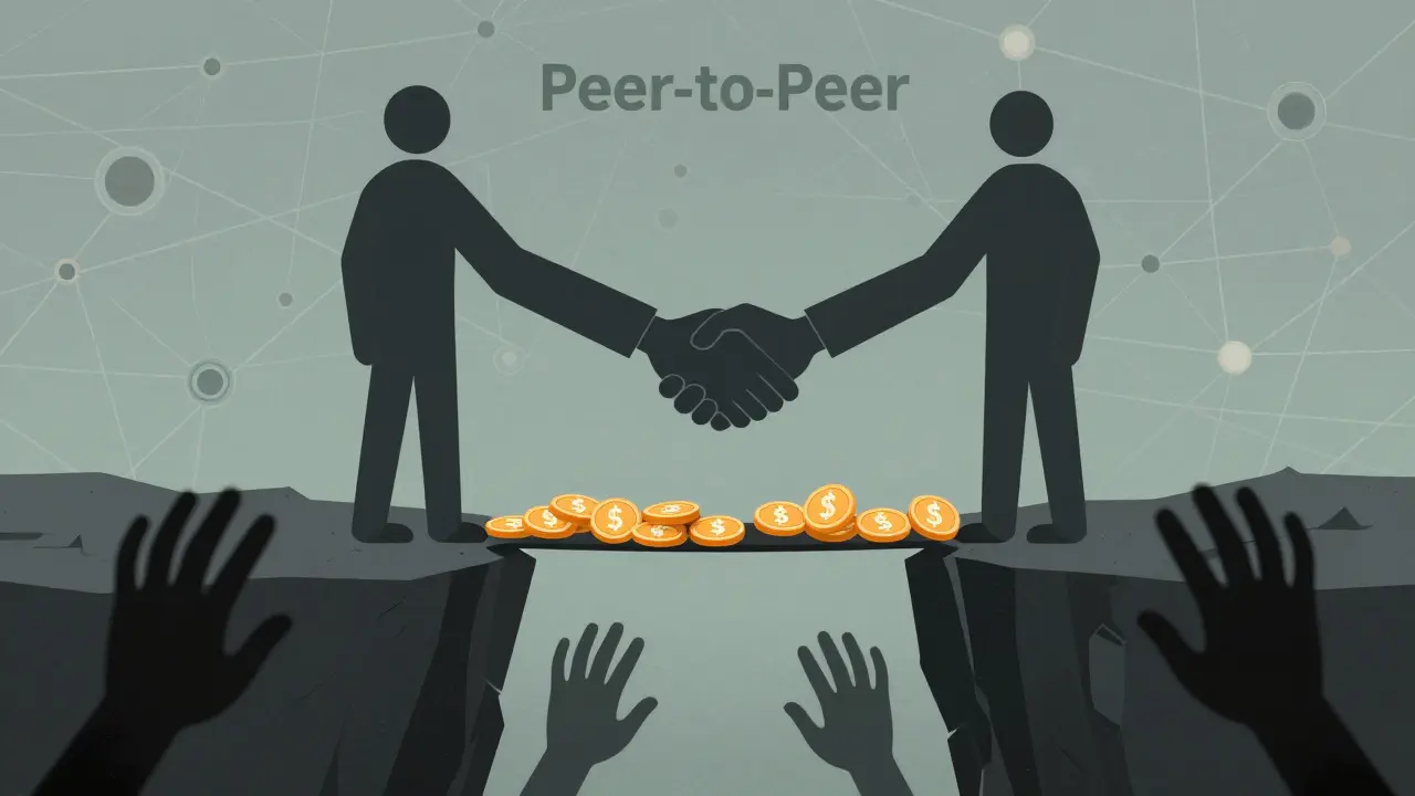 Two figures trading tokens across a risky bridge