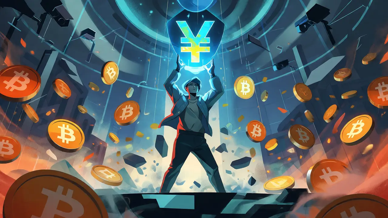 A figure holding a glowing Digital Yuan symbol while Bitcoin fragments dissolve.