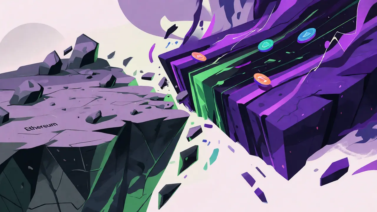 Abstract art showing the transition from Ethereum to Solana with fragmented bridges and flowing tokens.