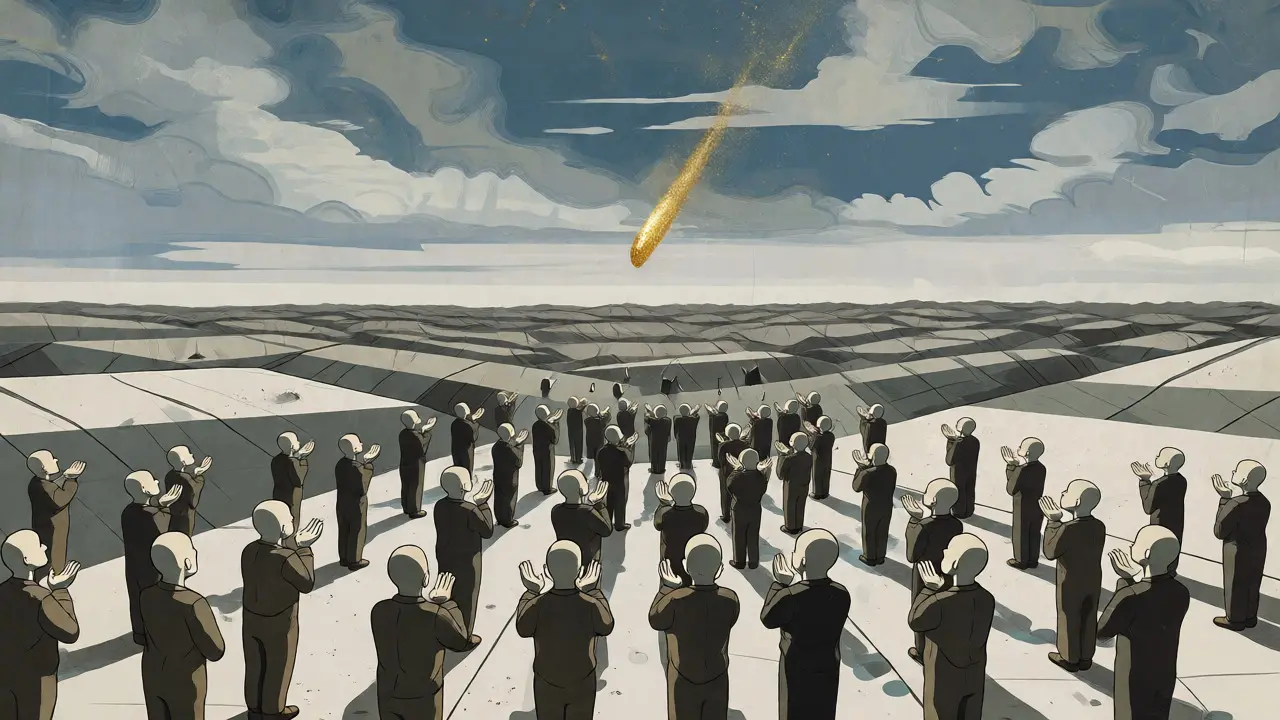 Abstract artwork of a tiny gold speck falling to a crowd of waiting figures.