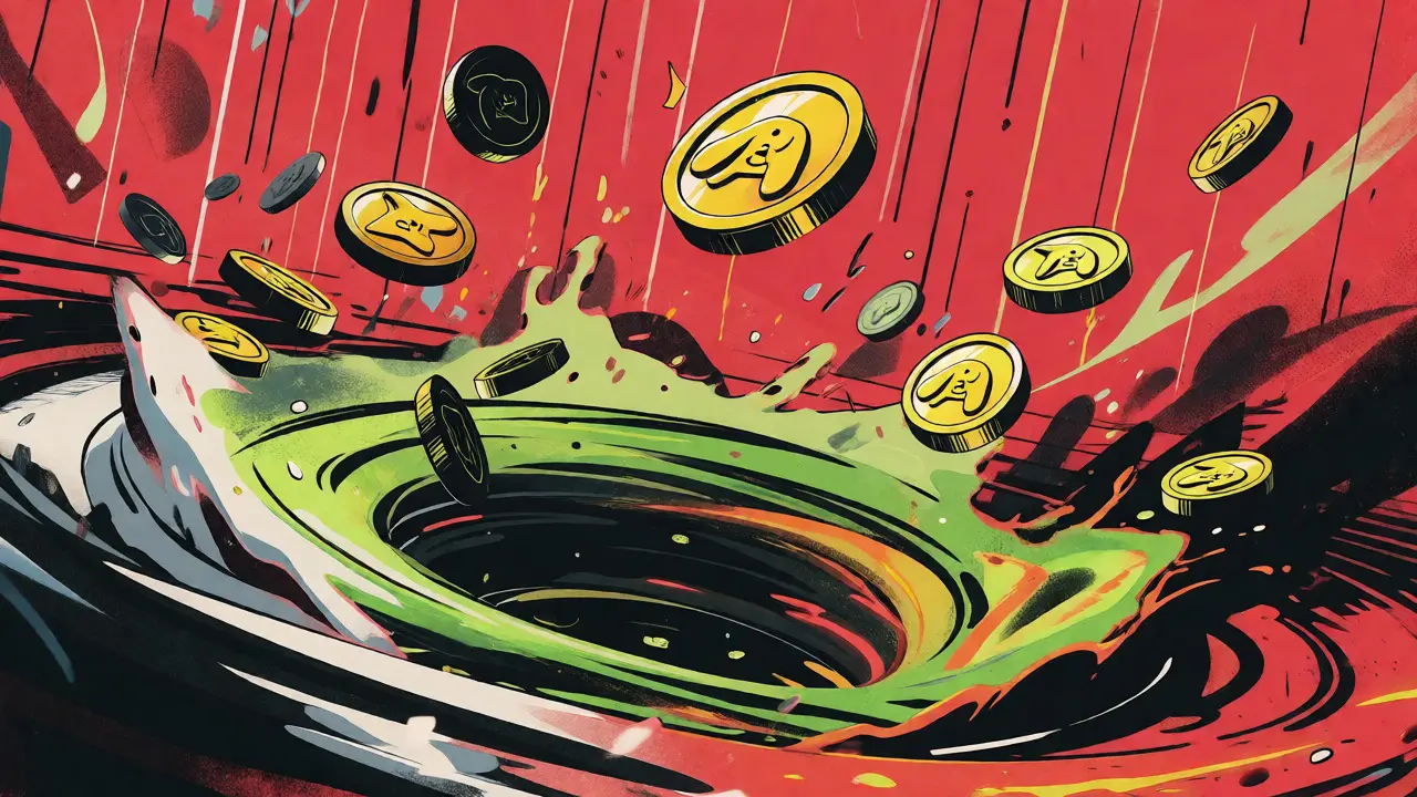 Abstract illustration of coins falling into a swirling liquidity vortex with vibrant colors.