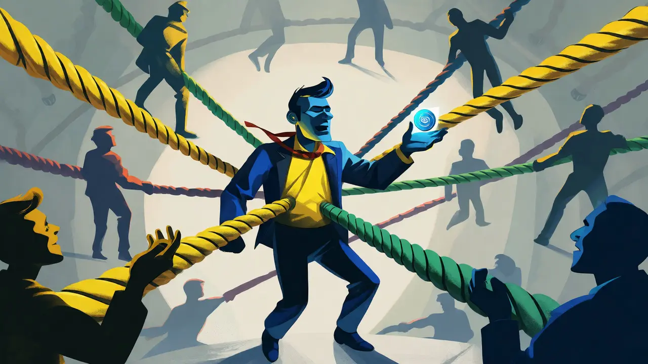 Abstract investor pulled by referral ropes holding a blue token