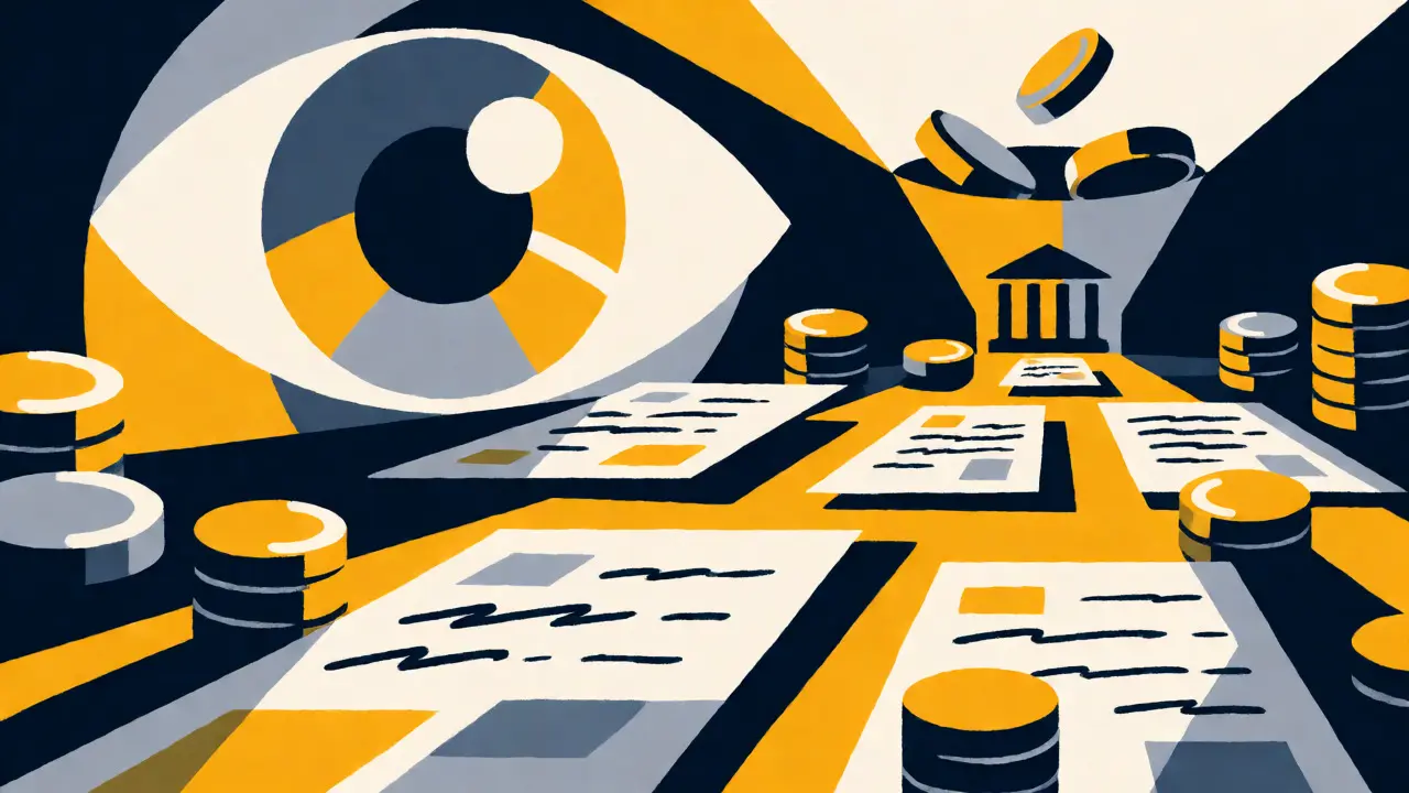 Abstract poster depicting an eye watching over tax documents and cryptocurrency coins.
