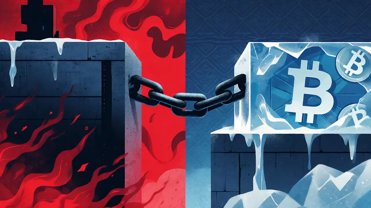 Abstract visual of secure cold storage versus risky hot wallets