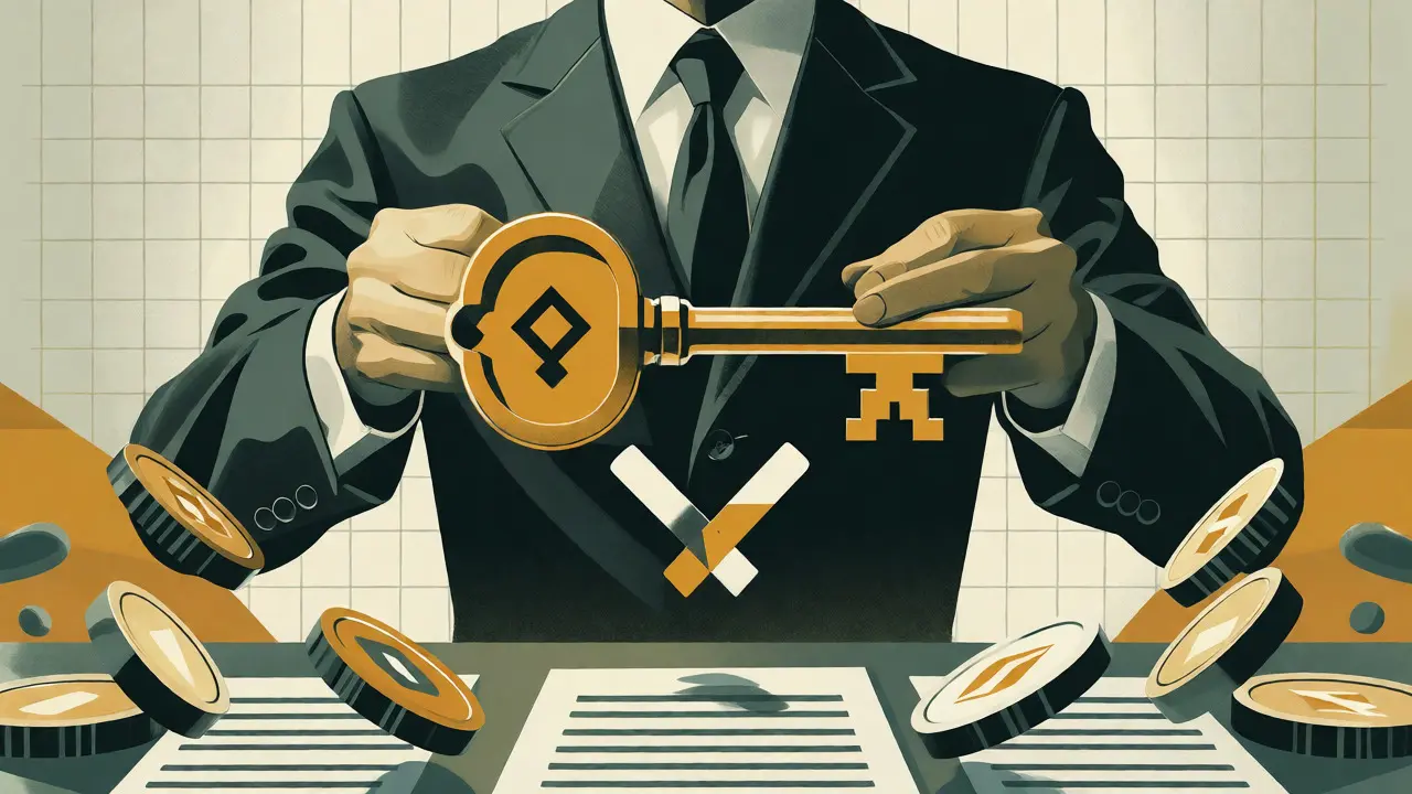 Authoritative figure holding a key amidst floating coins and abstract license shapes.