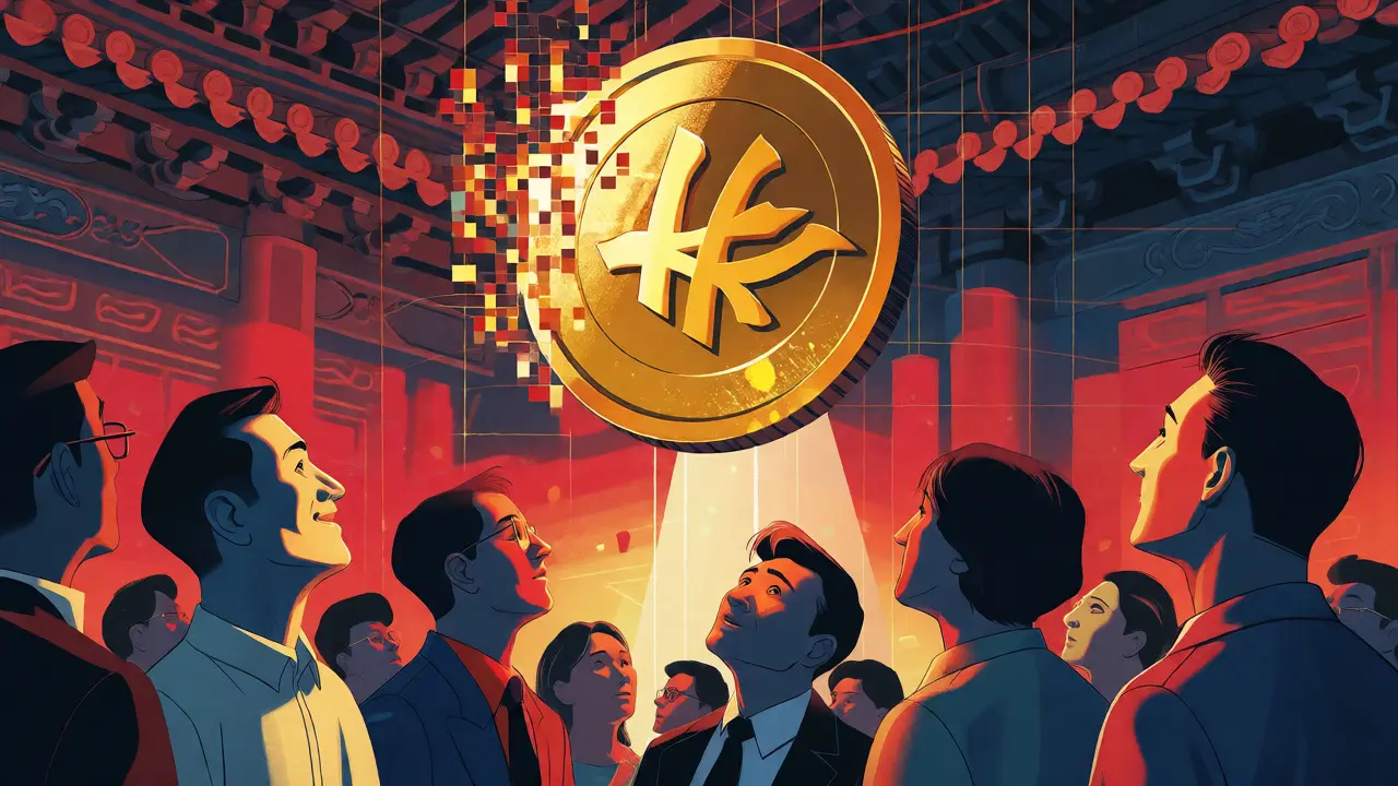 Conceptual art of a golden TWD-stablecoin hybrid hovering over Taipei cityscape.