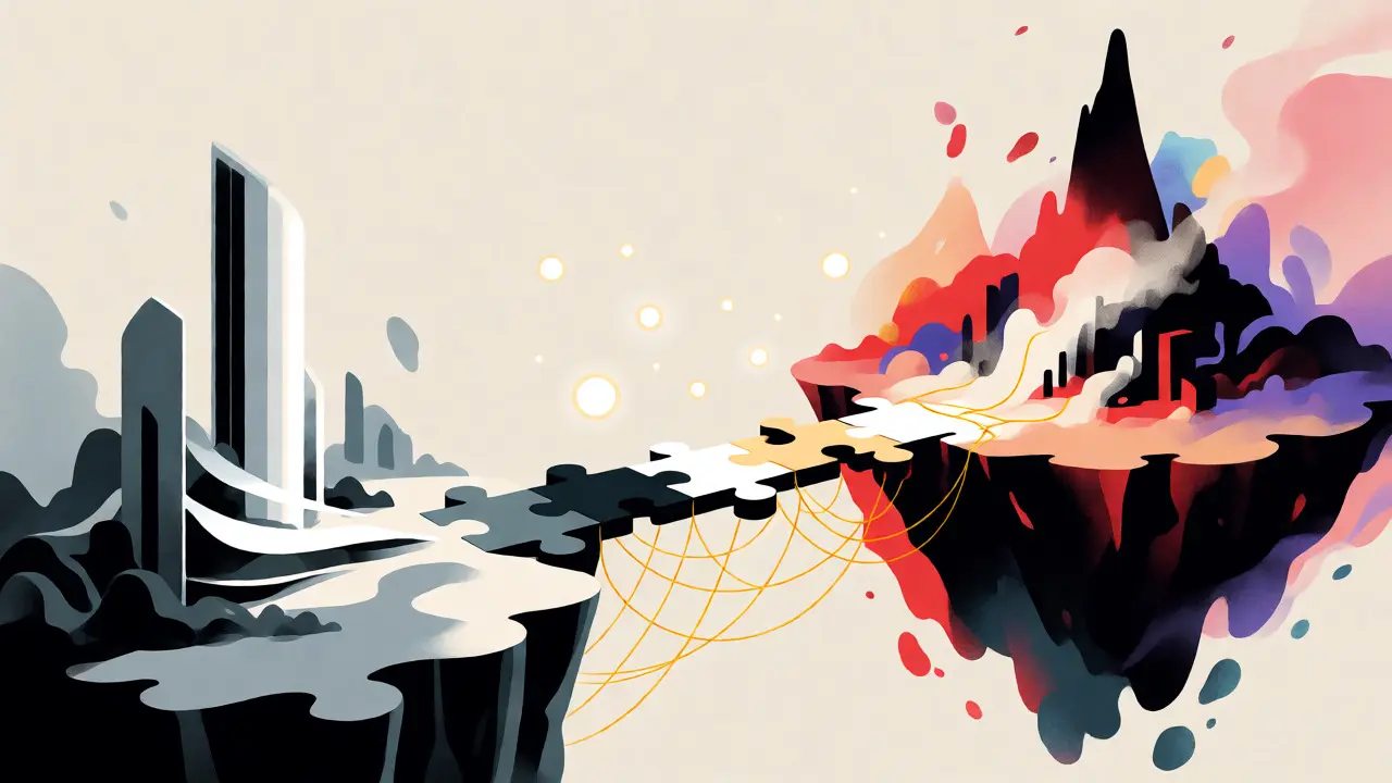 Conceptual artwork showing a bridge connecting distinct blockchain ecosystems with floating token orbs.