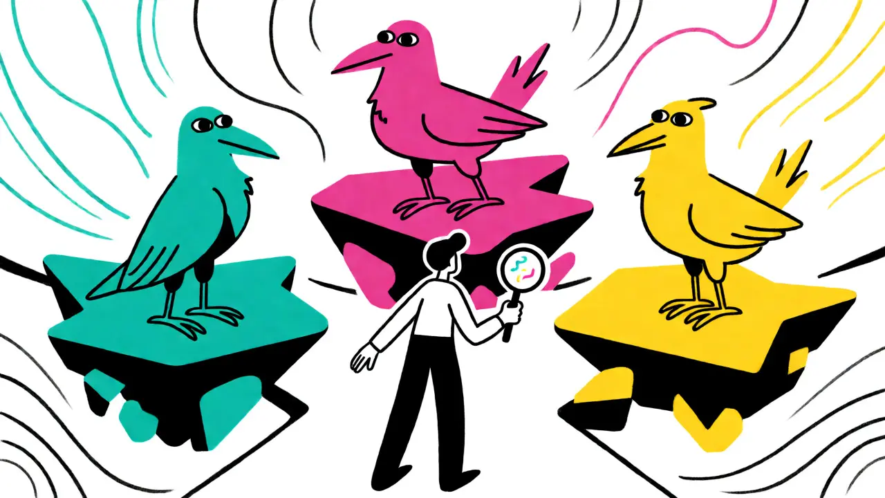 Confused figure at a crossroads with three distinct bird figures on separate platforms.