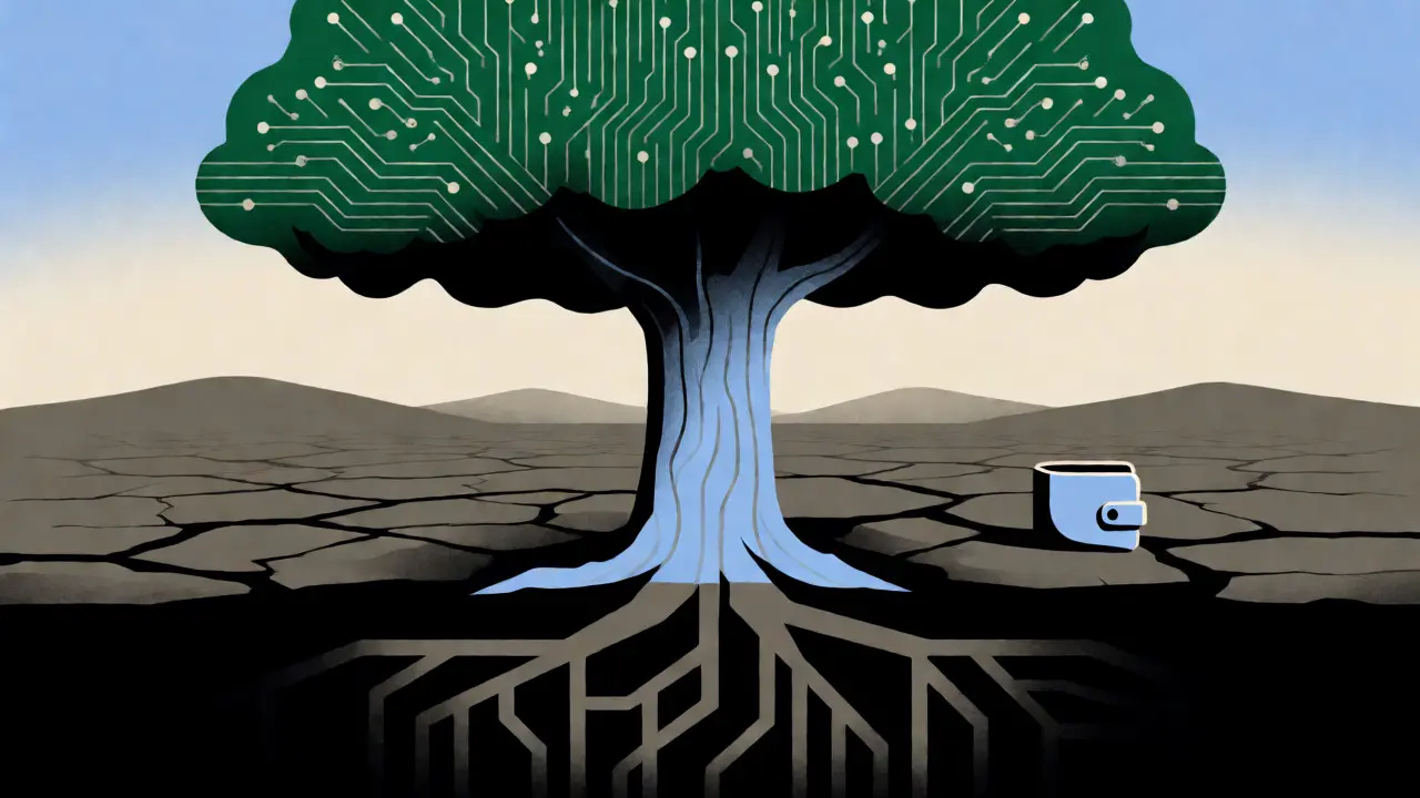 Digital-leafed tree rooted in barren earth with a disconnected wallet icon, illustrating unverified eco-promises.