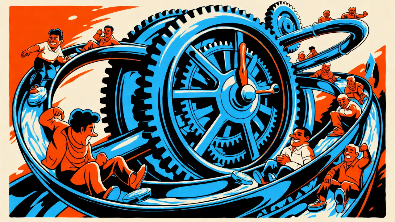 Dynamic cartoon illustration of a mechanical AMM engine processing crypto trades as fluid motion.