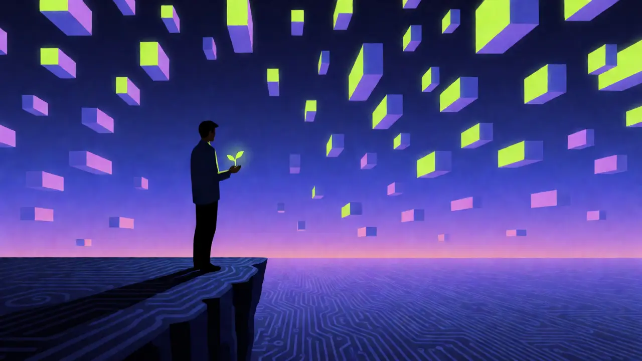 Figure on a cliff overlooking a digital horizon with floating blocks, representing future Bitcoin cycles.
