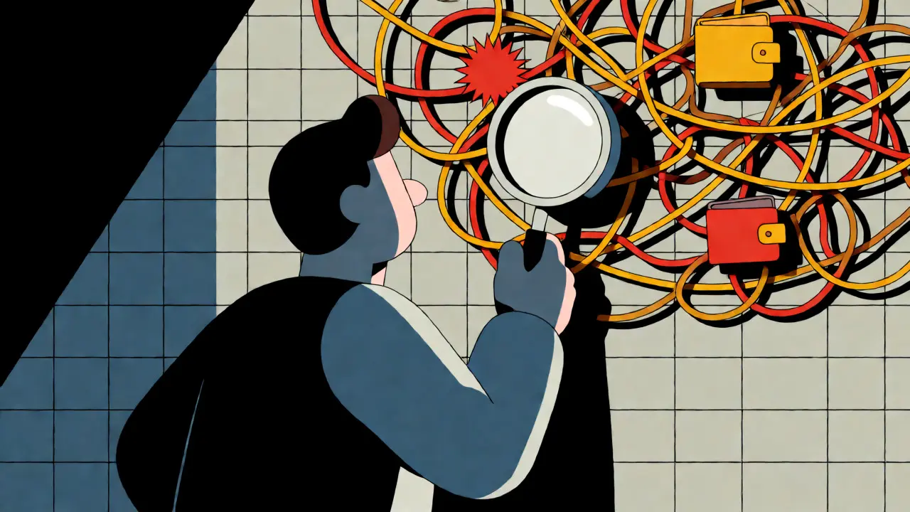 Figure using a magnifying glass to inspect digital threads distinguishing real from fake