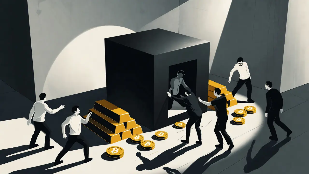 Figures feeding gold into a featureless black box representing an opaque exchange.