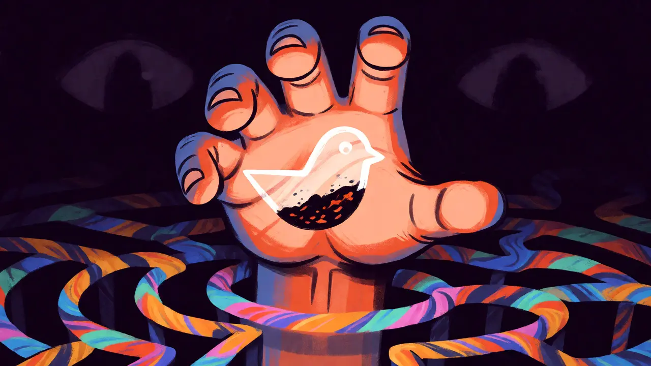 Hand reaching for a burning BIRD token amidst a maze of cross-chain bridges and shadows.