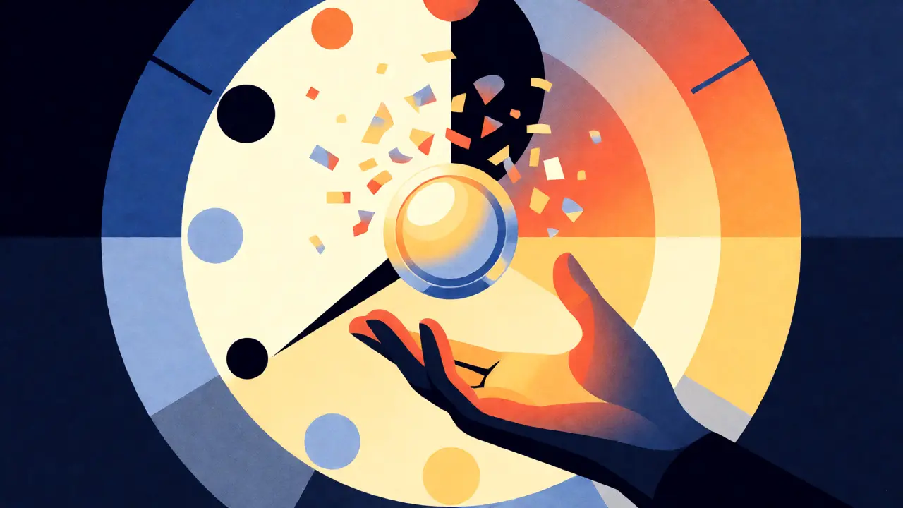 Hand reaching for a bursting token orb amidst abstract countdown graphics