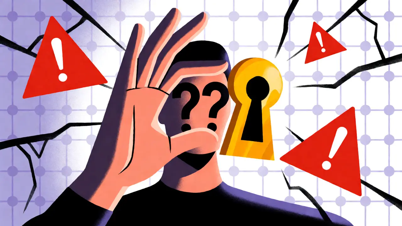 Hand reaching for a keyhole amidst red warning signs and web strands, depicting the risk of crypto phishing scams.