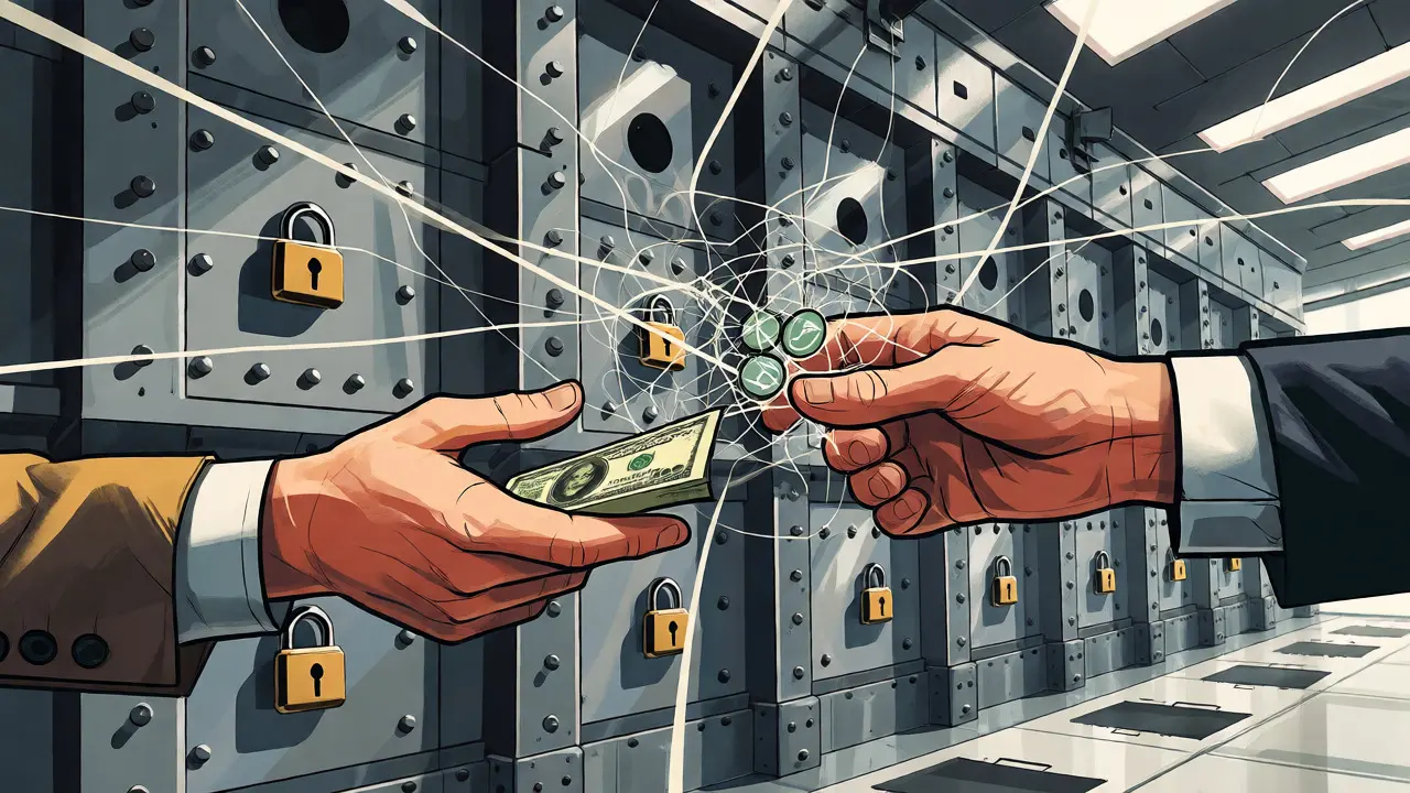 Hands exchanging cash and tokens while bypassing a wall of bank vaults and locks.