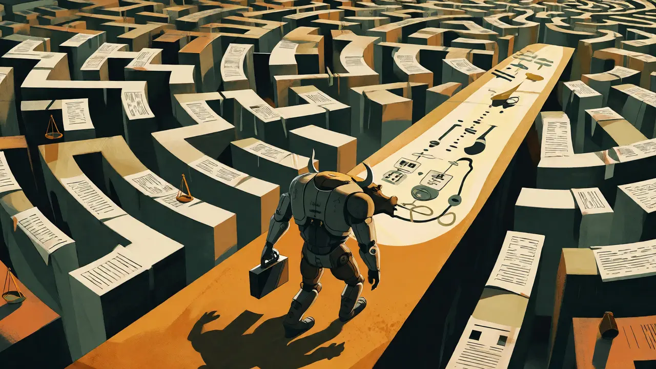 Hybrid creature navigating a maze of legal regulations and scales