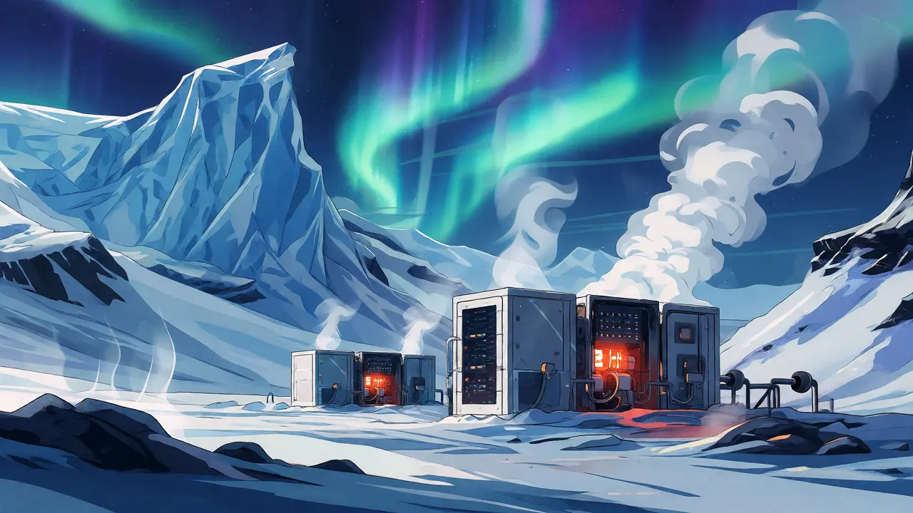 Icelandic mining rigs in snowy mountains with aurora borealis and steam clouds.
