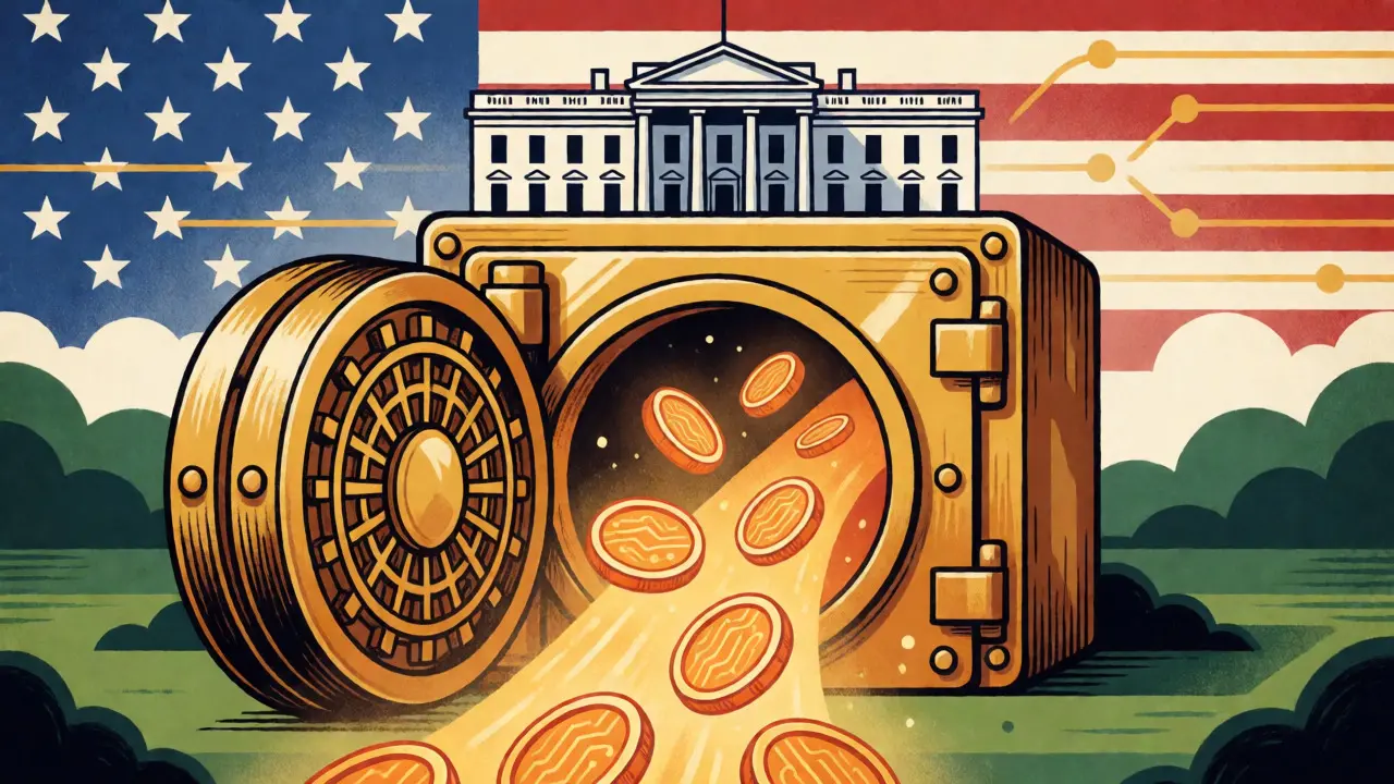 Illustration of a golden vault collecting glowing Bitcoin coins under the watchful eye of the White House.