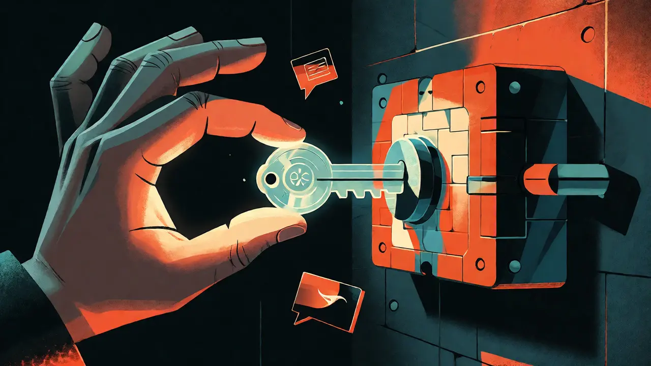 Illustration of a hand inserting a digital key into a mechanical lock with task icons.