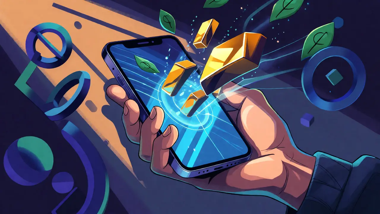 Illustration of a smartphone emitting digital yield streams into a geometric Celo ecosystem.