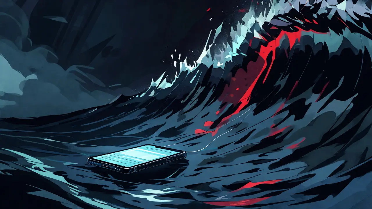Illustration of a tiny phone facing a massive wave, symbolizing the risks of low liquidity in crypto.