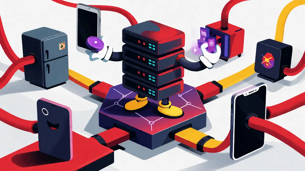 Illustration of devices exchanging tokens with a central server node