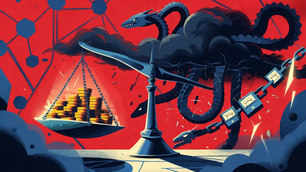 Illustration of scales balancing mining hardware against a hydra of attack vectors.