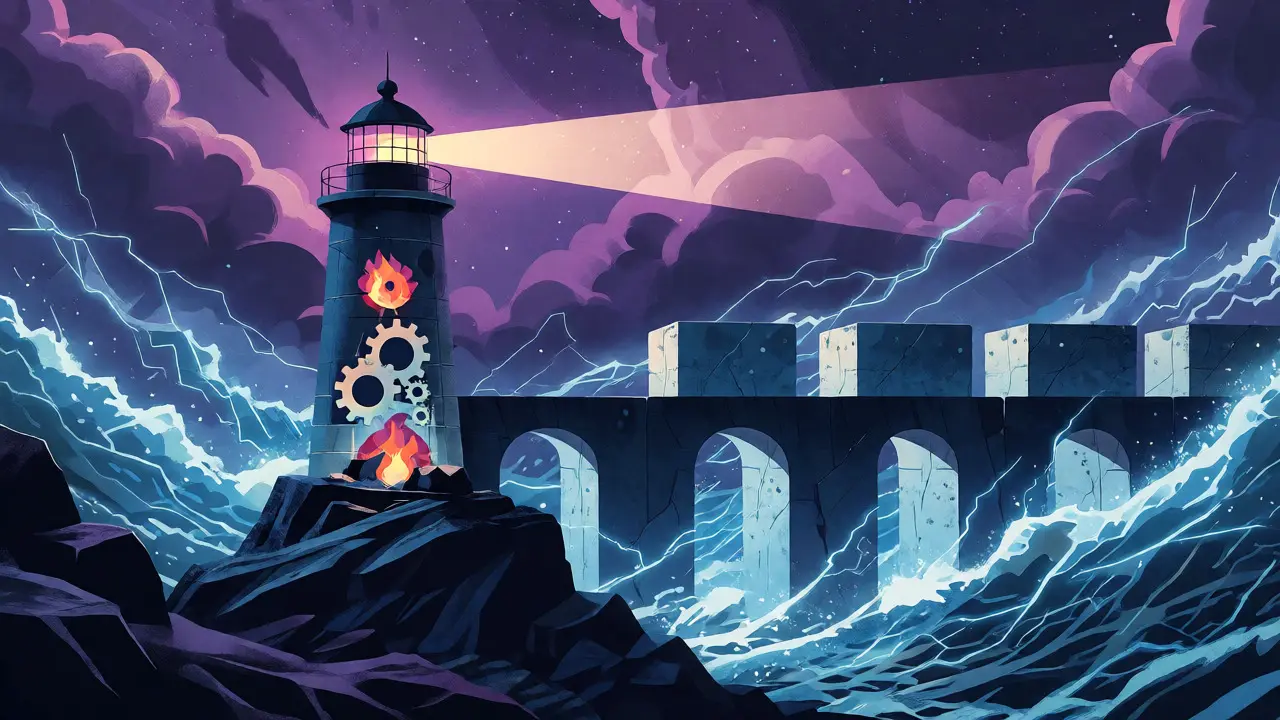 Lighthouse standing firm in a storm of digital data, symbolizing blockchain security.