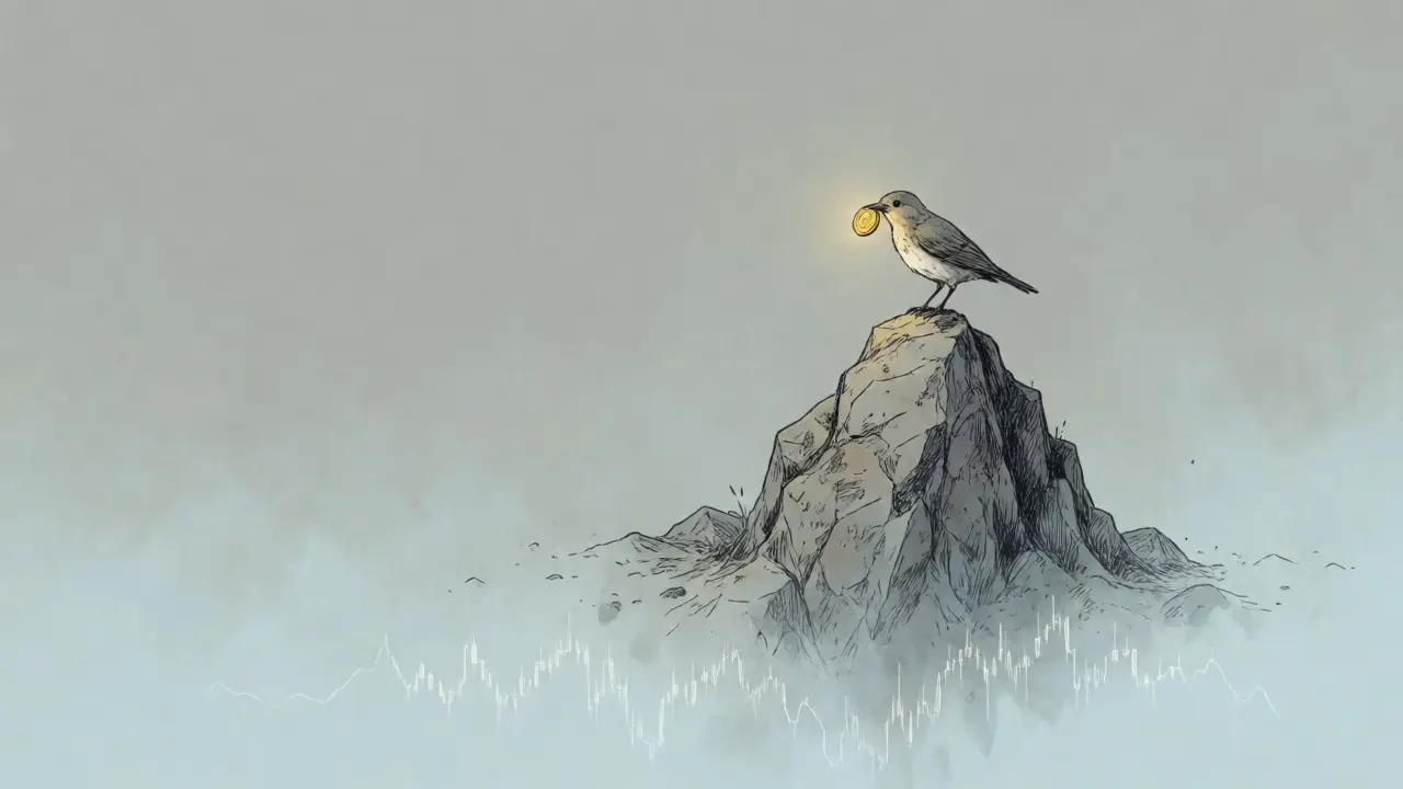 Lone bird on an isolated rock holding a heavy gold coin amidst a gray void.