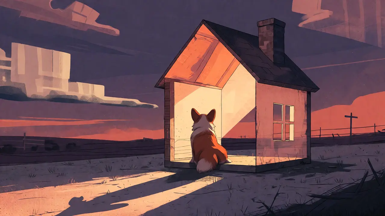 Lonely Corgi in floating house icon against twilight sky