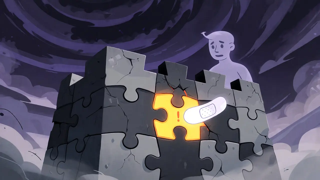 Metaphorical fortress of smart contract code repairing a vulnerability against a stormy backdrop.